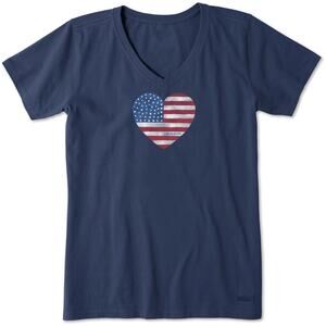 Life is Good Women's Flag Heart Short Sleeve Crusher Vee T-Shirt Size Large
